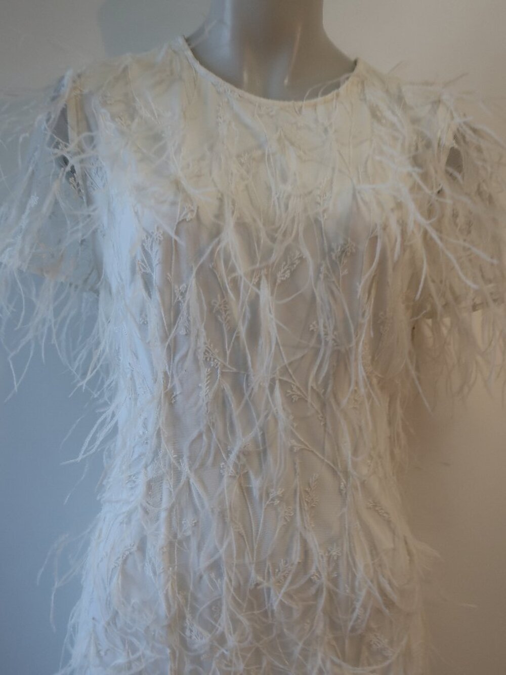 NWT Women Milly Rana White (Item-7014) Short Sleeve Feather Mini Shift Dress S - Picture 6 of 14